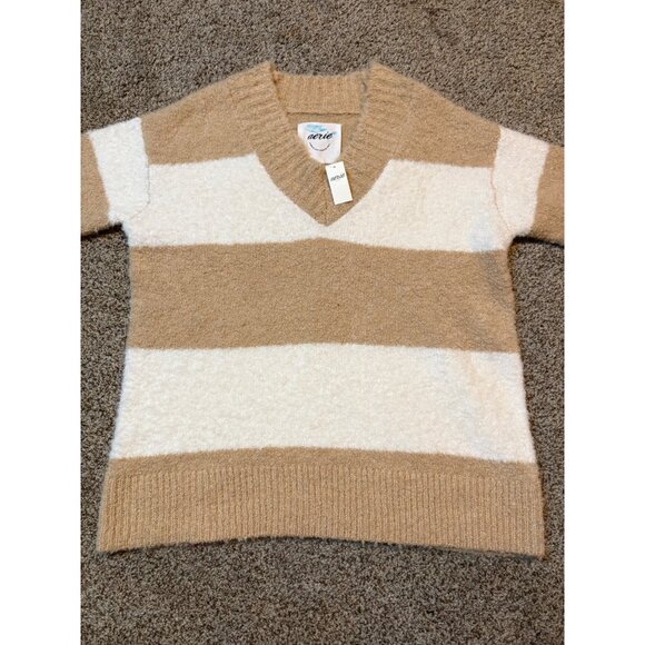 NEW Aerie Teddy Plush Oversized Boucle Wool-Blend Striped Neutral Sweater Cozy - Picture 3 of 10